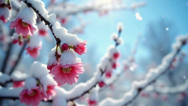Pink cherry blossoms covered in fresh snow against blue winter sky. Beautiful seasonal nature transformation. Japanese garden scenery. Romantic winter wonderland concept with copy space