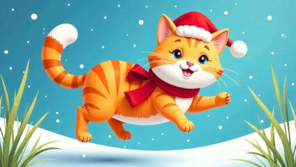Christmas and New year background with A cartoon cat wearing a Santa hat and a red scarf is jumping in the snow. The cat is smiling and he is having fun
