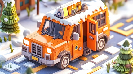 Naklejka premium Orange van in snowy, low-poly winter scene.