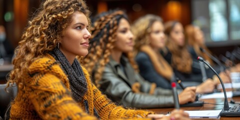 Women attentively seated at a conference table, actively participating and engaging in a formal meeting setting, showcasing diverse perspectives and ideas in a professional environment
