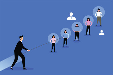 Fototapeta premium A businessman pulls a rope, connected to employees, to keep them from leaving.