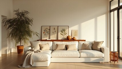 Modern Minimalist Living Room Interior Design with Sectional Sofa and Botanical Prints