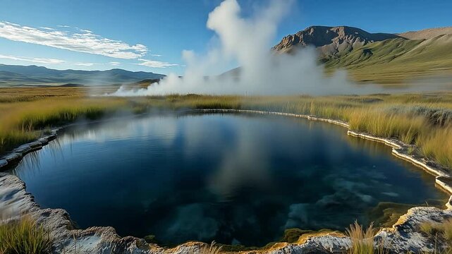 This geothermal hot spring reflects the sky while steam rises and mountains loom in the background.