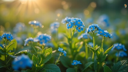 Vibrant Blue Forget Me Nots in Golden Sunlight Meadow