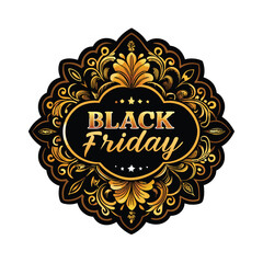 Black Friday sale design with gold foil and intricate floral patterns.
