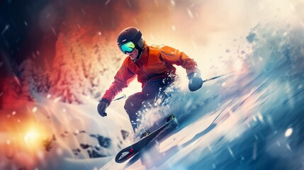 Dynamic Snowboarding Action with Vibrant Sunset Backdrop. Generative ai
