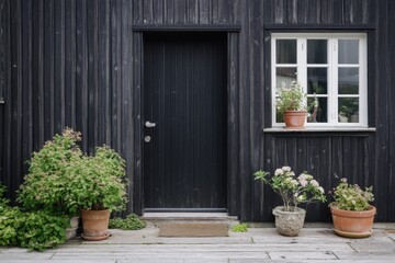Black wooden exterior featuring a door and window adorned with potted plants, highlighting a charming and rustic architectural style in a serene outdoor setting