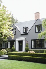 A beautifully designed gray house stands gracefully amid a meticulously manicured lawn, surrounded by neat landscaping that enhances its charm in a tranquil suburban environment