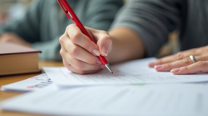 Teacher marking exam papers with a red pen