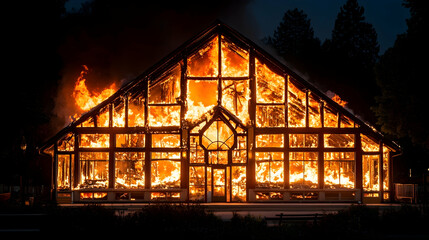 A house engulfed in flames at night.