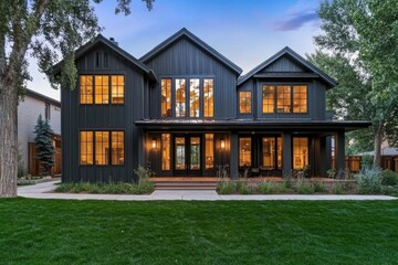 Obraz premium The exterior of a contemporary black farmhouse showcases expansive windows that beautifully reflect the warm, inviting glow of its illuminated interiors, creating a stunning visual at dusk.