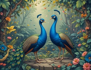 Fototapeta premium Portrait of two peacocks with beautiful background.