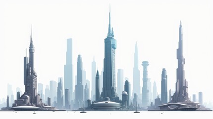 Fototapeta premium A collection of futuristic cityscapes in various architectural styles, with sci-fi backgrounds, isolated on a white background