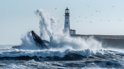 A whale breaching near a lighthouse, with crashing waves as the background, during a windy day