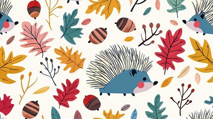 Obraz premium Hedgehog amidst red, orange, yellow & green leaves on white background with acorns