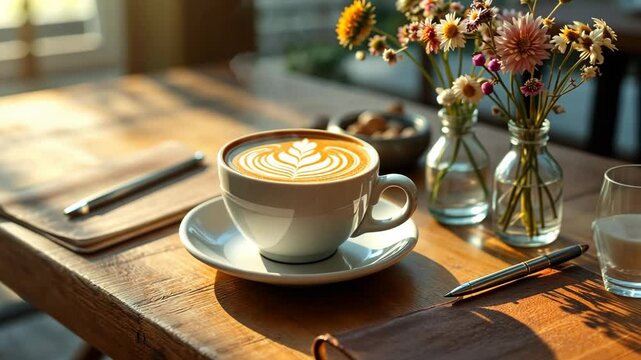 Cozy morning coffee setup with latte art heart design, delicate dried flowers in vase, and sunlit wooden table. Cafe atmosphere concept for social media, menu, or blog with copy space