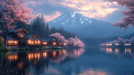 Obraz premium Sunset Sakura Village, Mountain Lake Reflection, Peaceful Scene
