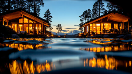Fototapeta premium Illuminated lakefront cabins at dusk, reflecting in calm water.