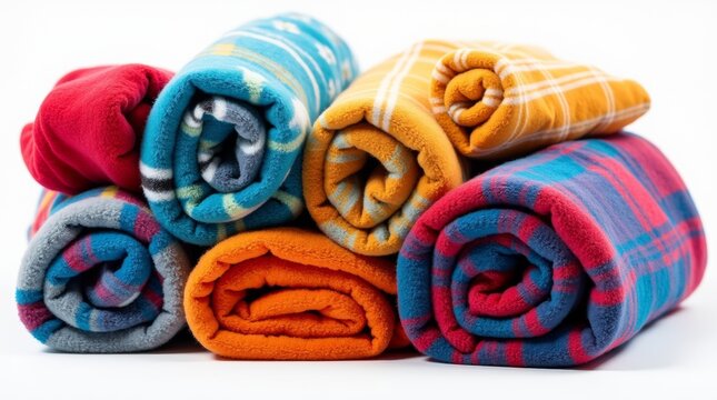 A collection of vibrant fleece blankets in bold patterns and bright colors, with plush textures and soft appearances, isolated on a white background