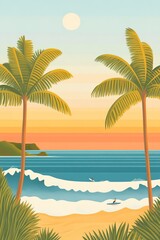 Obraz premium Tropical beach sunset with surfers and palm trees