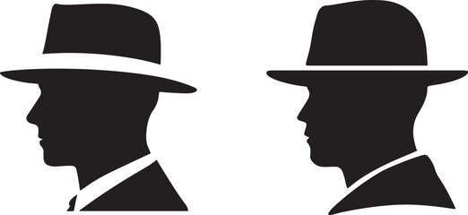 A silhouette of a man wearing a hat and a suit.