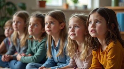 Fototapeta premium A group of young children sitting on the floor, listening to a story with focused expressions in a bright classroom environment.