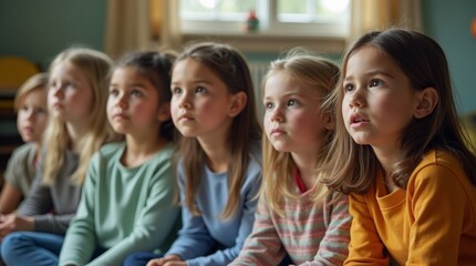 Fototapeta premium A group of young children sitting on the floor, listening to a story with focused expressions in a bright classroom environment.
