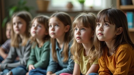 Fototapeta premium A group of young children sitting on the floor, listening to a story with focused expressions in a bright classroom environment.