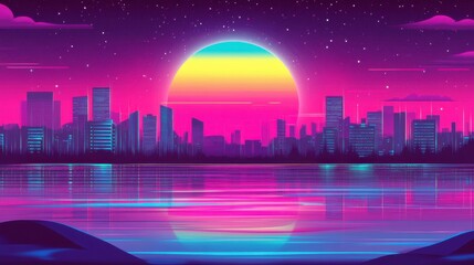 Vibrant Urban Skyline at Night with Bright Colors