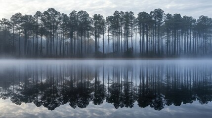 Obraz premium Misty Morning Reflection Of Pine Trees In Still Water