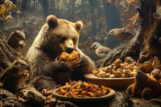 Bear, squirrels, birds share autumn forest feast.