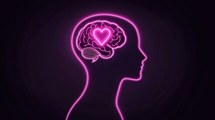Minimalistic illustration of a glowing brain and heart symbol inside a human profile on a dark background