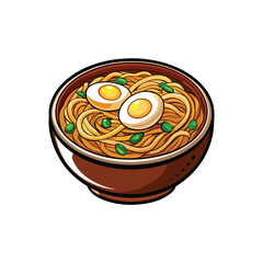 Realistic vector illustration of a bowl of egg drop soup with two egg halves, noodles and green onions.
