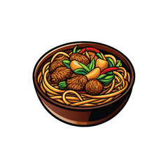 A realistic vector illustration of a bowl of lo mein noodles with beef, vegetables, and a red pepper.