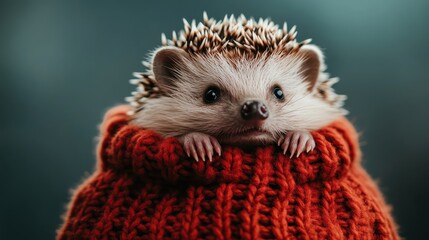 This charming image features an adorable hedgehog snugly nestled in a vibrant red sweater, exuding warmth and cuteness, perfect for animal lovers and cozy vibes.