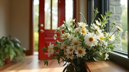 Beautiful White Daisies Bouquet Near Red Door Home Interior