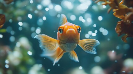 Fototapeta premium A_tiny_goldfish_leaps_from_a_glass_aquarium._