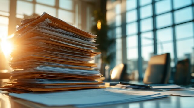 A towering stack of papers dominates an office desk, illuminated by natural sunlight filtering through large windows, creating a warm and inviting workspace atmosphere.