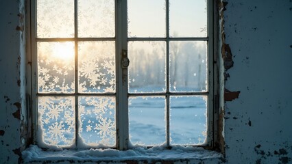 Stunning Winter Sunrise View Through Frosty Window Pane