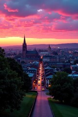 Fototapeta premium Pink summer sunset, Edinburgh landmarks from Calton Hill, travel, scottish, buildings