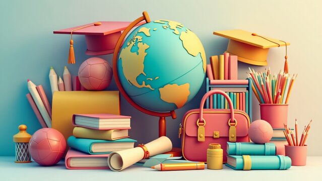 Colorful Back to School Supplies and Globe Illustration
