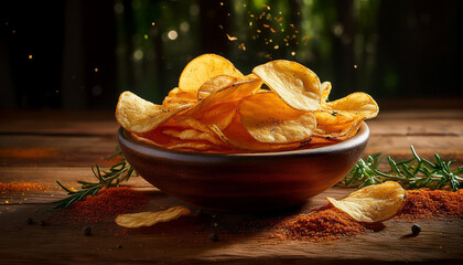 crunchy golden potato chips stacked in a decorative bowl on a rustic wood desk surrounded via scattered herbs and a sprinkle of paprika