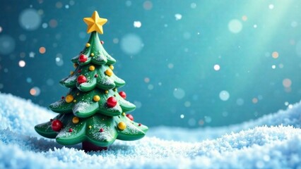 Obraz premium Christmas and New year background with A small Christmas tree is sitting in the snow. The tree is decorated with a star on top and is surrounded by snow. Concept of warmth and holiday cheer, as the tr