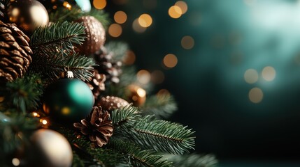 A beautifully decorated Christmas tree adorned with bronze ornaments and soft lights, creating a warm, festive atmosphere that's perfect for celebrating the holiday season.