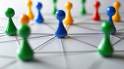 Colorful game pieces connected with strings on a white surface in an abstract arrangement