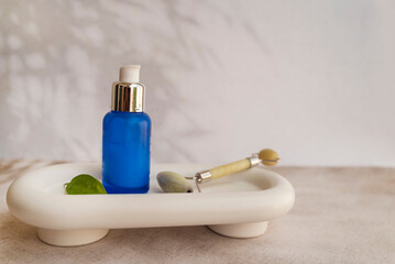 Hyaluronic acid serum in blue bottle 