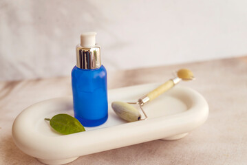 Hyaluronic acid serum in blue bottle 