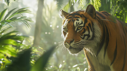 Obraz premium tiger in a lush jungle, sunlight filtering through trees, intense gaze