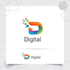 D letter logo digital in modern triangle pixel style. Colorful letter D with mosaic and geometric shape.
