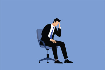 A businessman sits in an office chair, head in hand, expressing regret and frustration.